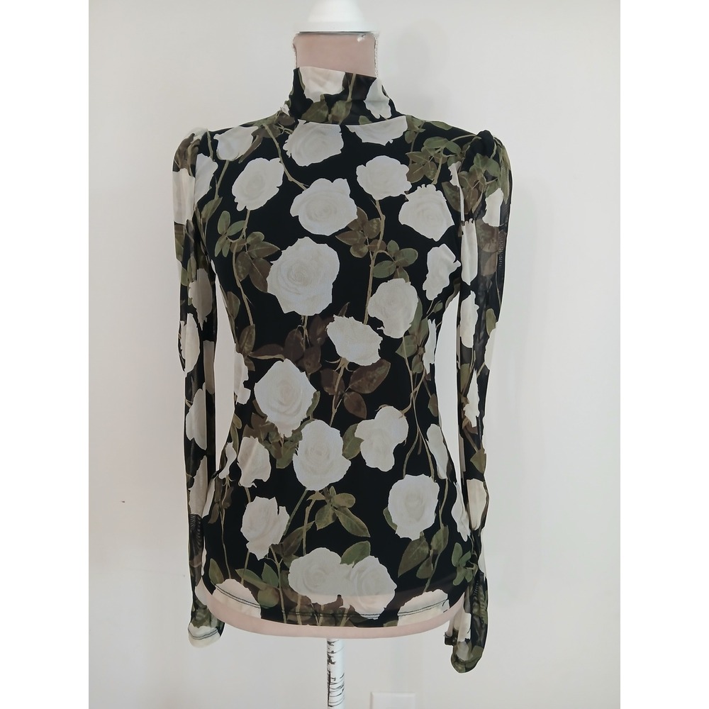 INC International Concepts Dark Floral Mesh Mock Neck Top Black White Rose Small